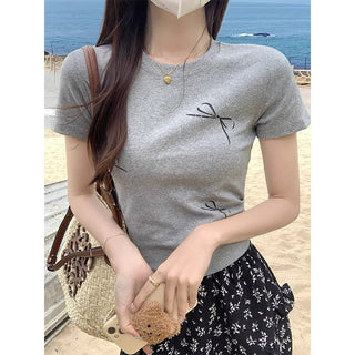 Korean Simple Bow Short-sleeved Top