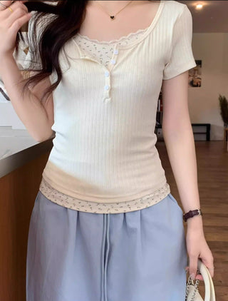 Fake two-piece lace short-sleeved top