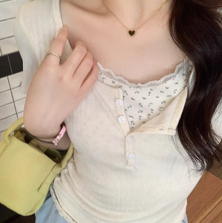 Fake two-piece lace short-sleeved top