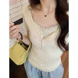 Fake two-piece lace short-sleeved top