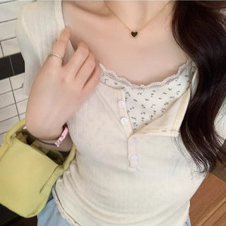 Fake two-piece lace short-sleeved top