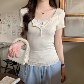 Fake two-piece lace short-sleeved top