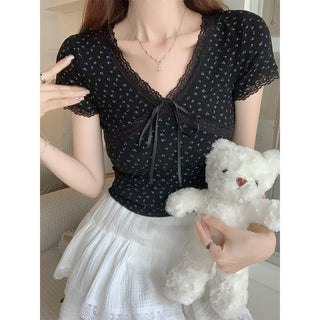 Korean Lace Bow V-neck Spice Girl Top