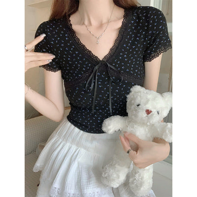 Korean Lace Bow V-neck Spice Girl Top