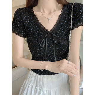 Korean Lace Bow V-neck Spice Girl Top