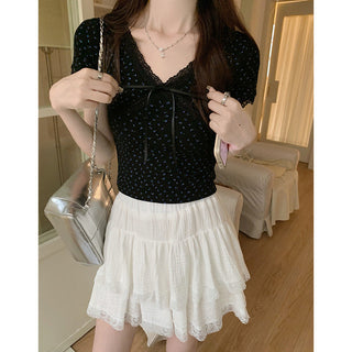 Korean Lace Bow V-neck Spice Girl Top