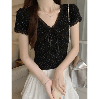 Korean Lace Bow V-neck Spice Girl Top