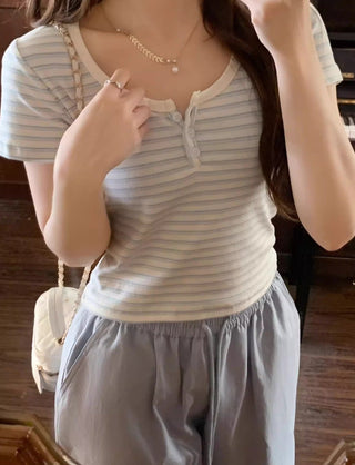 Blue and white striped short-sleeved top