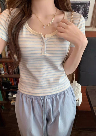Blue and white striped short-sleeved top