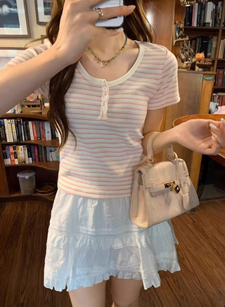 Blue and white striped short-sleeved top
