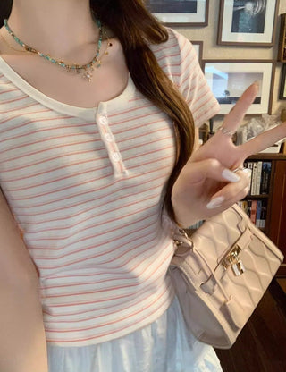 Blue and white striped short-sleeved top