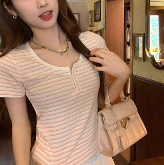 Blue and white striped short-sleeved top
