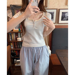 Blue and white striped short-sleeved top