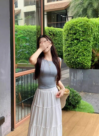 French Backless Bow Plaid Sleeveless Top