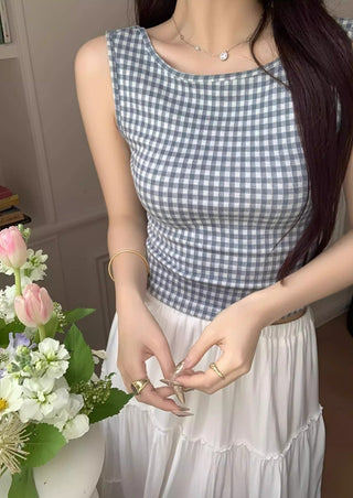 French Backless Bow Plaid Sleeveless Top