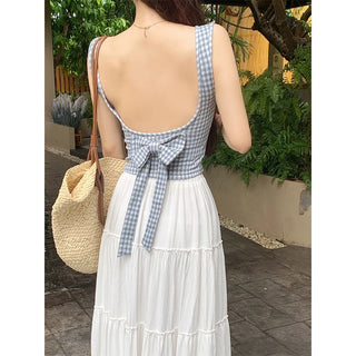 French Backless Bow Plaid Sleeveless Top