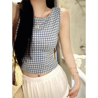 French Backless Bow Plaid Sleeveless Top