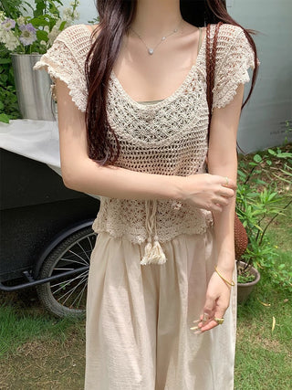 Korean Crochet Hollow Stacked Tassel Top