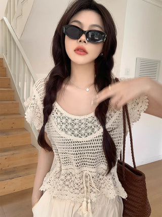 Korean Crochet Hollow Stacked Tassel Top