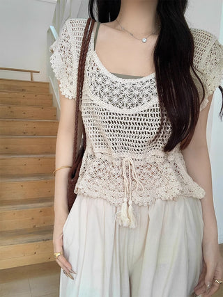 Korean Crochet Hollow Stacked Tassel Top