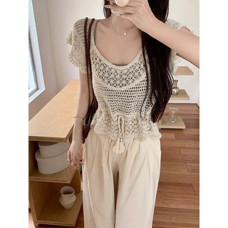 Korean Crochet Hollow Stacked Tassel Top
