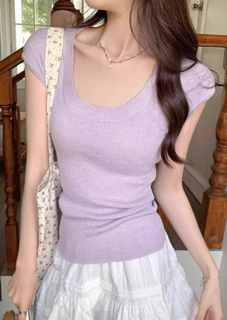 U-collar thin knitted short-sleeved top