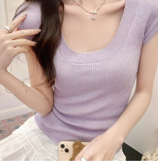 U-collar thin knitted short-sleeved top