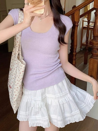 U-collar thin knitted short-sleeved top