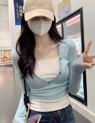 Fake two-piece long-sleeved top