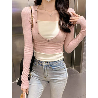 Fake two-piece long-sleeved top