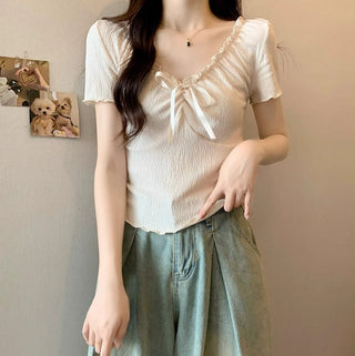 Chic wooden ear lace-up Top