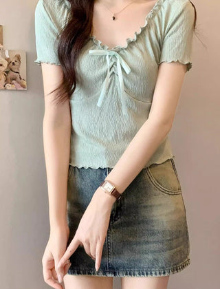 Chic wooden ear lace-up Top