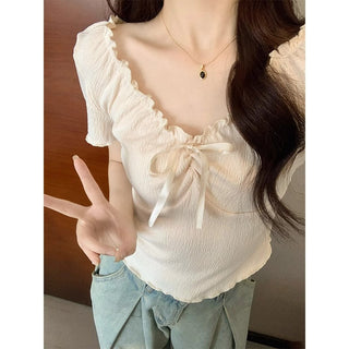 Chic wooden ear lace-up Top