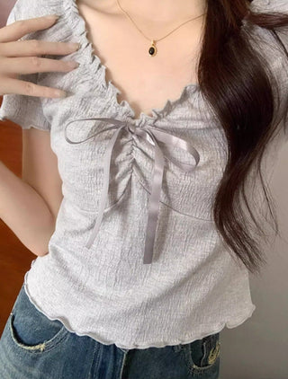 Chic wooden ear lace-up Top