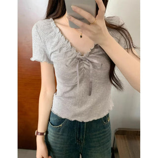 Chic wooden ear lace-up Top