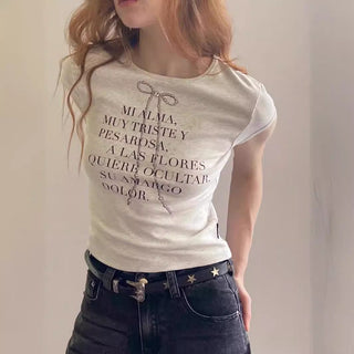 Gray Letter Short-sleeved Slim-fit Top