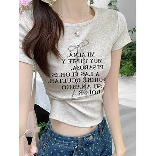 Gray Letter Short-sleeved Slim-fit Top