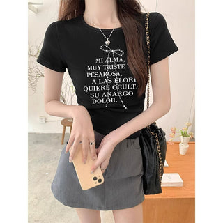 Gray Letter Short-sleeved Slim-fit Top