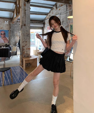 Polka Dot Bow Embroidered Shoulder Top