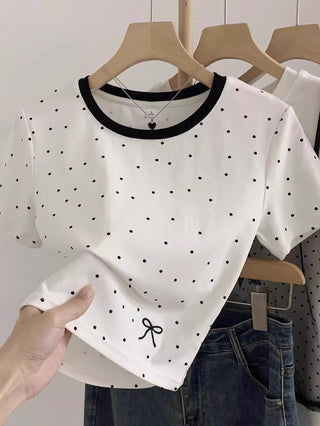 Polka Dot Bow Embroidered Shoulder Top