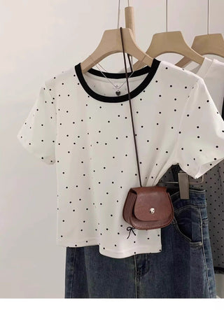Polka Dot Bow Embroidered Shoulder Top
