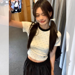 Polka Dot Bow Embroidered Shoulder Top