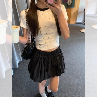 Polka Dot Bow Embroidered Shoulder Top