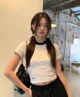 Polka Dot Bow Embroidered Shoulder Top