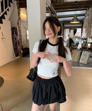 Polka Dot Bow Embroidered Shoulder Top