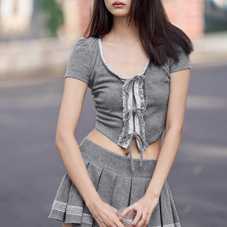 Sweet Lace Short-sleeved Top + Pleated Skirt Knitted suit