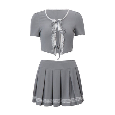 Sweet Lace Short-sleeved Top + Pleated Skirt Knitted suit