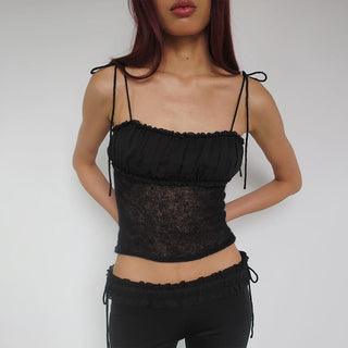 Pleated Lace Neck Strap Short Top