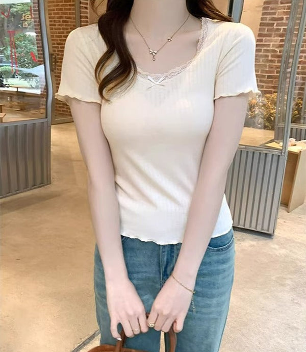 sweet lace white slim-fit top