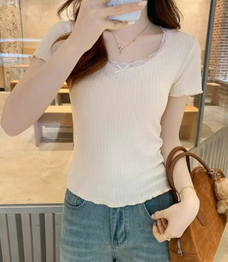sweet lace white slim-fit top